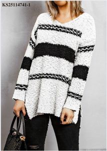 Striped Colorblock V Neck Long Sleeve Knitted Sweater (KS2721432-15)- BIG SIZE (50-130KG))