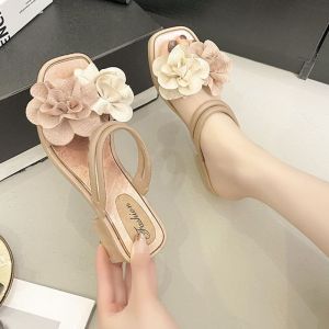 [Free Shipping] Fashion Sandals 2026 New Summer Style With Chunky Heels And Camellia Flowers Fresh And Youthful Suitable For Pairing With Skirts Beach Roman Sandals