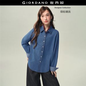 Giordano Women Contrast stripe cuff long sleeve denim shirt Free Shipping 18346828