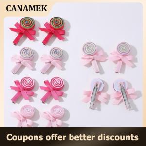 【 CANAMEK 】 2Pcs Lollipop Bow Hair Clips Sweet Cute Spiral Candy Hairpins Ribbon Barrette For Girls Headdress Hair Accessories