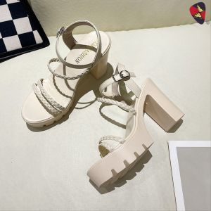 Katerina Fashion High Heels Simplicity Braided With Ankle Strap And Chunky Heel Mules For Women #1912