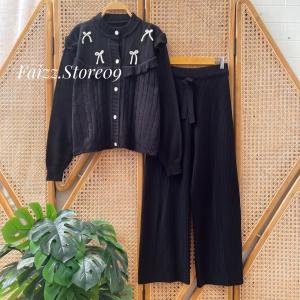 Oneset Dina Cardigan Rajut Kancing Motif Cable Pita Setelan Celana Kulot Premium Wanita Lengan Panjang Kekinian