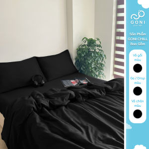 Bộ chăn mền ga gối GONI CHILL màu Đen Trơn - Ga drap giường bo chun cao 4-25cm kích thước 1m 1m2 1m4 1m6 1m8 2m2
