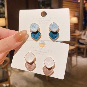 S925 Silver Earring Fashion Gnle Korean Square Geometric Simple Women Stud Earrings Anting Subang 雾霾蓝色复古耳环女几何形滴油时尚耳環