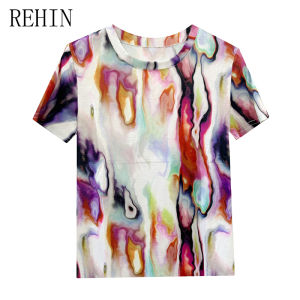 REHIN เสื้อยืดแขนสั้นผ้าฝ้ายคอกลมพิมพ์ลายดอกไม้เก๋ๆเสื้อผู้หญิงพอดีตัวแฟชั่นใหม่ฤดูร้อน
