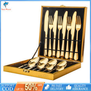 High Quality Not Fade 24 Piece 304 Stainless Steel Cutlery Set Tableware With Black Paper Gift Box Stainless Knife Spoon and Fork Set stainless cutlery set Flatware Gift Boxed Dinnerware Knife Fork Spoon Tableware Golden Spoon & Pork Set