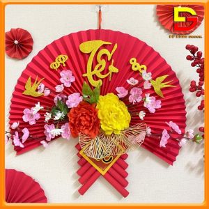 Quạt Giấy Đỏ Treo Tường Ý Nghĩa Quạt Giấy Đỏ Kết Nhiều Mẫu Hoa Đón May Mắn Tài Lộc DG-447
