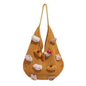 HOUMENG Sweet Anime Doll Crochet Handbag KT Cat Hollow Out Shopping Shoulder Bag Portable Breathable Summer Beach Pouch Female