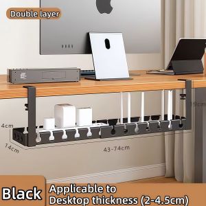 Cable Organizer Extendable 43-74cm Wire Management Under Desk Double Layer Desk Cable Management No-Drill Tray For 2-4.5cm Desks