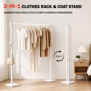 2-in-1 Foldable Clothes Rack & Coat Stand | Space-Saving Hanger with Hooks for Bedroom/Entryway