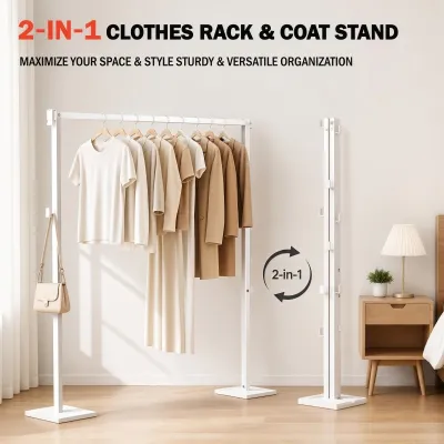 2-in-1 Foldable Clothes Rack & Coat Stand | Space-Saving Hanger with Hooks for Bedroom/Entryway