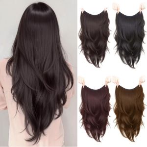 JON09 High Layered Womens U-shaped Long Hair Wig 22Inch Synthetic Clip On Hair Extensions Fake Natural Curly Hairpiece for Women