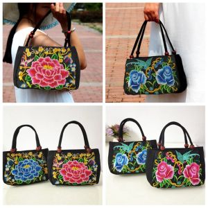 COPOTIYA Leaf Embroidery Flower Handbag Bird Canvas Ethnic Style Tote Bag Sweet Phone Bag Rose Flower Shoulder Bag Outdoor
