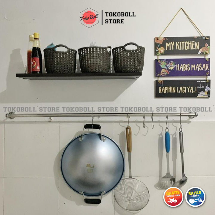 Rak Gantungan Panci Wajan Kuali Spatula Peralatan Bumbu Dapur Kitchen Tempel Dinding Stainless