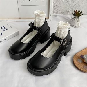 YoungShoes ไซส์ใหญ่ 35-42แมรี่เจนส้นหนารองเท้าหนังขนาดเล็กแฟชั่นเวอร์ชั่นเกาหลีของวิทยาลัยสไตล์ย้อนยุคหัวกลมทั้งหมดรองเท้า ผู้หญิง
