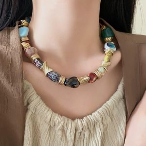 GENENIC Exaggerated Ceramic Enamel Floral Necklace Geometric Irregular Jewelry Accessories Bohemian Collarbone Chain Personalized Versatile Flower Pendant Choker Women