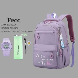 Tas Ransel Sekolah Anak TK SD SMP FREE BOTOL JAM - Tas Ransel Anak Perempuan Cats Make Me Happy BISA COD
