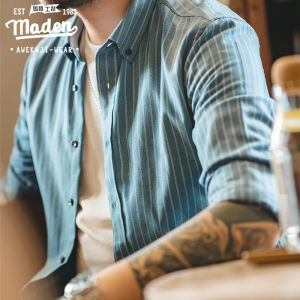 Maden เสื้อเชิ้ตแขนยาวผู้ชายสไตล์ช่างคุณภาพสูงอเมริกาแบบย้อนยุคผู้ชายคนใหม่ฤดูใบไม้ร่วงเสื้อเชิ้ตลำลองงานเลี้ยงธุรกิจ