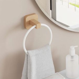 YUBAGUANB Round Design Portable Towel Racks Aluminium Material Walnut Wood Wall Mounted Towel Holder No Punching White Color Bathroom Towel Holder Bathroom Use