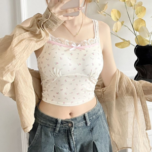 CHARMI with Pads Floral Crop Top Sleeveless Ice Silk Lace Bowknot Camisole Fashion Short Sweet Flower Girls Tank Top Lady