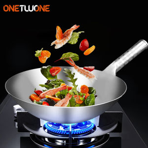 Onetwone Stainless Steel Wok 1.8mm Thick Chinese Handmade Wok Traditional Non Stick Rusting Gas Wok Pan Cooker Kitchen Cookware