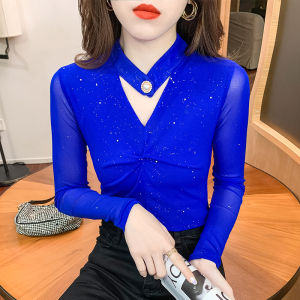 Áo Thun Cổ Chữ V dài tay phối cảnh Sơ Mi Nữ 2023 mùa xuân và mùa thu mới xanh dương sang trọng áo lưới nữ xinh đẹp