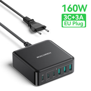 Rocoren PD 160W 6-port pengecas Desktop cepat pintar 3C + 3A USB jenis C perjalanan Multi Plug mengecas stesen Laptop Power Adapter bekalan kuasa serentak 6 port untuk iPhone 16 15 Huawei MacBook Air