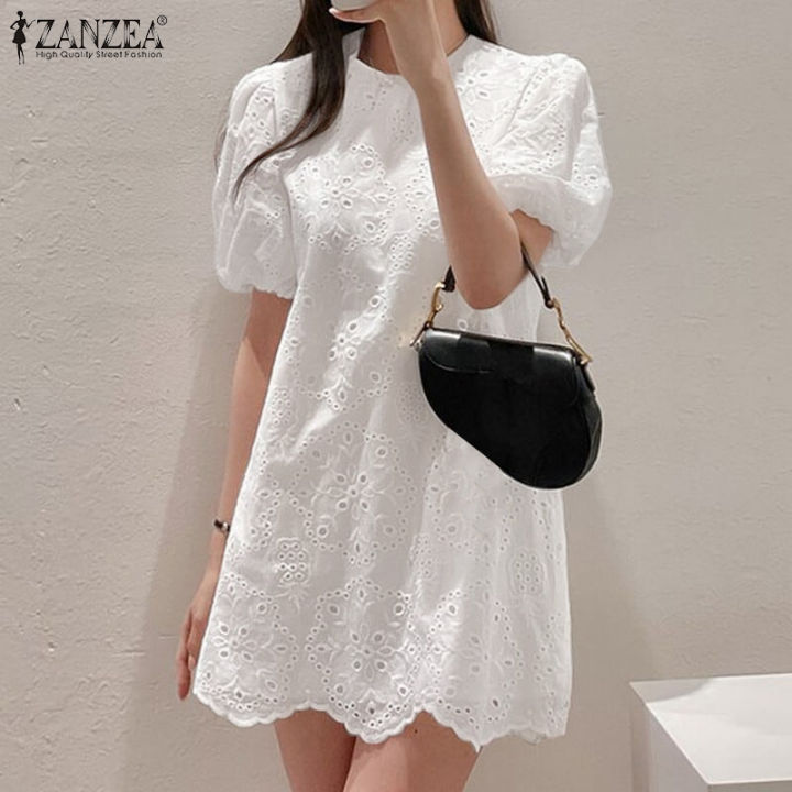 ZANZEA Korean Style Women's Dresses Causal Lace Embroidery Puff Sleeve ...