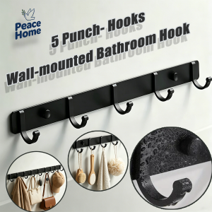 5 Hooks Wall Mounted Coat Hook No Drilling Strong Load Bearing Aluminum Hanger Waterproof Rustproof Rack for Home Bathroom Kitchen