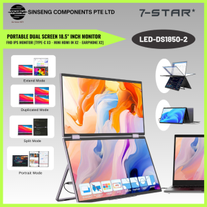 7-STAR* Portable Dual Screen 18.5”inch IPS Screen Monitor | Laptop Screen Extender | USB Type C | Mini HDMI IN | Earphone | c/w PD USB Type-C Adapter -LED-DS1850-2
