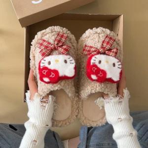 Christmas gifts Halloween Kawaii Cartoon Girl Cotton Slippers Hello Kitty Winter New Anime Outer Wear Thick Warm Lazy Women Comfort Leisure Shoes Gifts