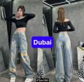QUẦN JEANS CHẤT BÒ ỐNG RỘNG NỮ LƯNG CẠP CAO IN HÌNH GẤU HOT TREND 2024 - DUBAI FASHION. 