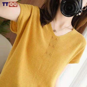 TTQQ Ice Silk Womens Knitted T-shirt Korean Edition Loose Slimming Womens Button Knitted Short Sleeves