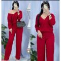 1515-VNeck Loose 3/4 Sleeve Top Terno Coords Set Trendy Women Casual [M-2XL]. 