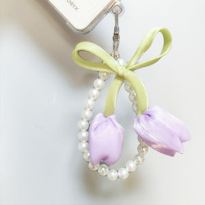 Tulip Flower Pearl Mobile Phone Lanyard Short Womens Bag Decoration Car Keychain Fashion Accessories Gifts