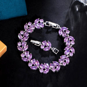SEQUITO High Quality Silver Color Women Jewelry Paved Purple Green Red Blue Pink AAA CZ Crystal Stones Korean Style Leaf Bracelet for Daily Party Bangle B209