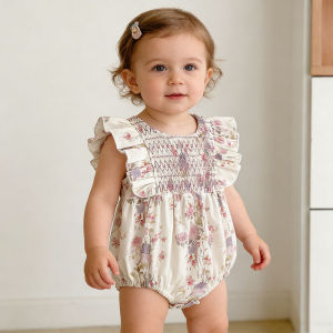 2026 Baby Girls Rompers Summer New Arrivals Flying Sleeves Sweet pink Flower Printing Princess Rompers Newborn Banquet Attire2026