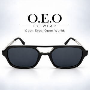 Premium Design Sunglasses Rectangular Aviator Black Frame Dark Grey Lens with Silver Temple Details