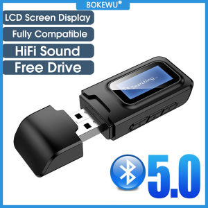 BOKEWU USB Bluetooth 5.0 EDR LCD Display Audio Receiver Transmitter Driver-Free USB Dongle 3.5mm AUX Wireless Adapter for Car PC Headphones