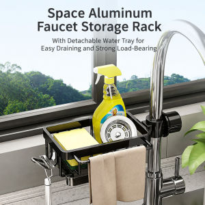 Adjustable Kitchen Faucet Organizer Sink Storage Rack Space Saving Water Tap Shelf for Soap Sponge Brush Cloth and Kitchen Accessories