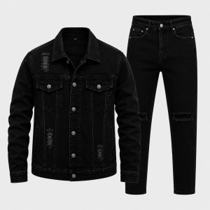 Bộ Áo Khoác Jean Nam Denim Đen Rách Phối Quần Jean Nam Đen Rách Gối Slimfit Vintage Cao Cấp VIETFASHION 2026