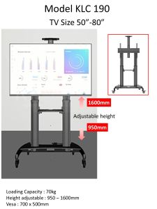 KALOC KLC-190 Mobile TV Cart with Wheels for 50-80inch LCD LED 4K Flat Curved Screen TVs- Height Adjustable Rolling