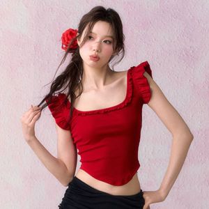 XINSU38 Sweet Bow Short Sleeve T-shirt Ruffled Edge Bow T-shirt with Chest Pads Fashion U Neck Y2K Slim Crop Top Girls