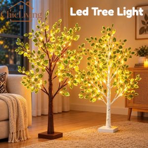 ChicLiving Birch Tree Led Light Green Leaves Warm White Bendable Branches Indoor Home Decor Christmas Party Night Lamp