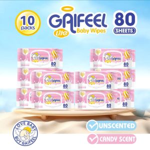 GAIFEEL LITE ผ้าเช็ดทําความสะอาดเด็ก กลิ่นแคนดี้ ไม่มีกลิ่น 80 แผ่น สําหรับเด็ก 10 แพ็ก