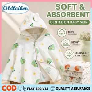Oldlaiben Baby Hooded Bath Towel Cotton Gauze Wearable Bathrobe Soft Absorbent Cartoon Kids Cloak