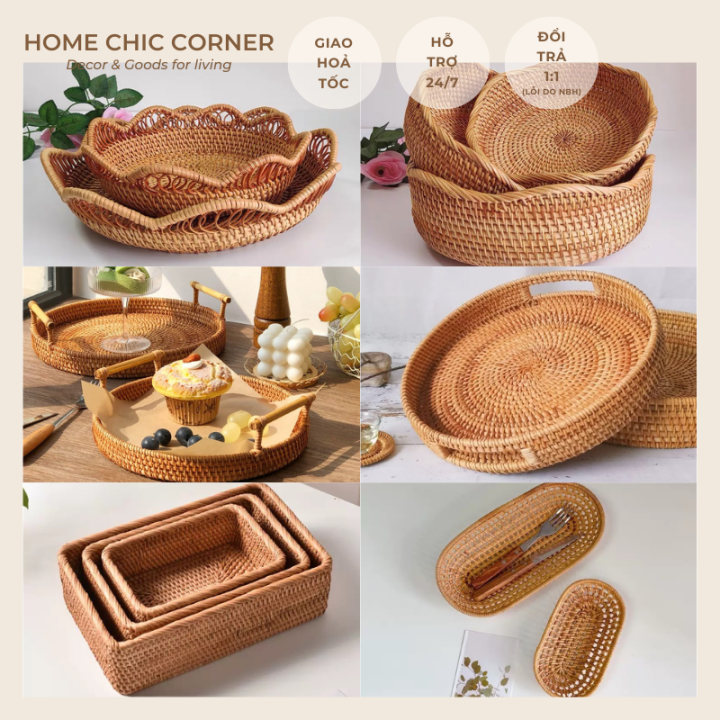 Rổ mây tròn, khay mây đựng đồ, decor trang trí mây tre đan tự nhiên ...