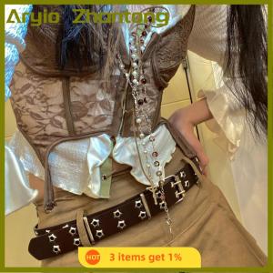 Aryio Fashion Men Women Punk Style Chain Belt Adjustable Hollow Star Double Breasted Buckle Metal Buckle Leather Jeans Waistband