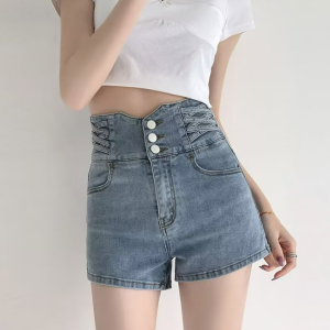 Pinggang All-Match Denim Celang Pendek Wanita Musim Panas Baru Jaring Merah Kata Slim Elastis Tiga titik Hot Pants Ins Jeans Celana Hitam Cewek Legging
