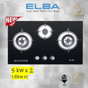 ELBA Tempered Glass 3 Burners Built-In-Hob Glass Stove EGH-K8843G (BK) High Flame 5kW Cast Iron Support Dapur Gas Kaca Glass Kettle Stove Top - Lazada